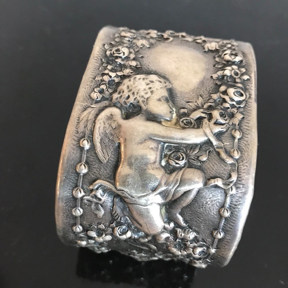 Cherubs Art Nouveau Sterling Silver Cuff Bracelet 925 Antique Cherub Gorham